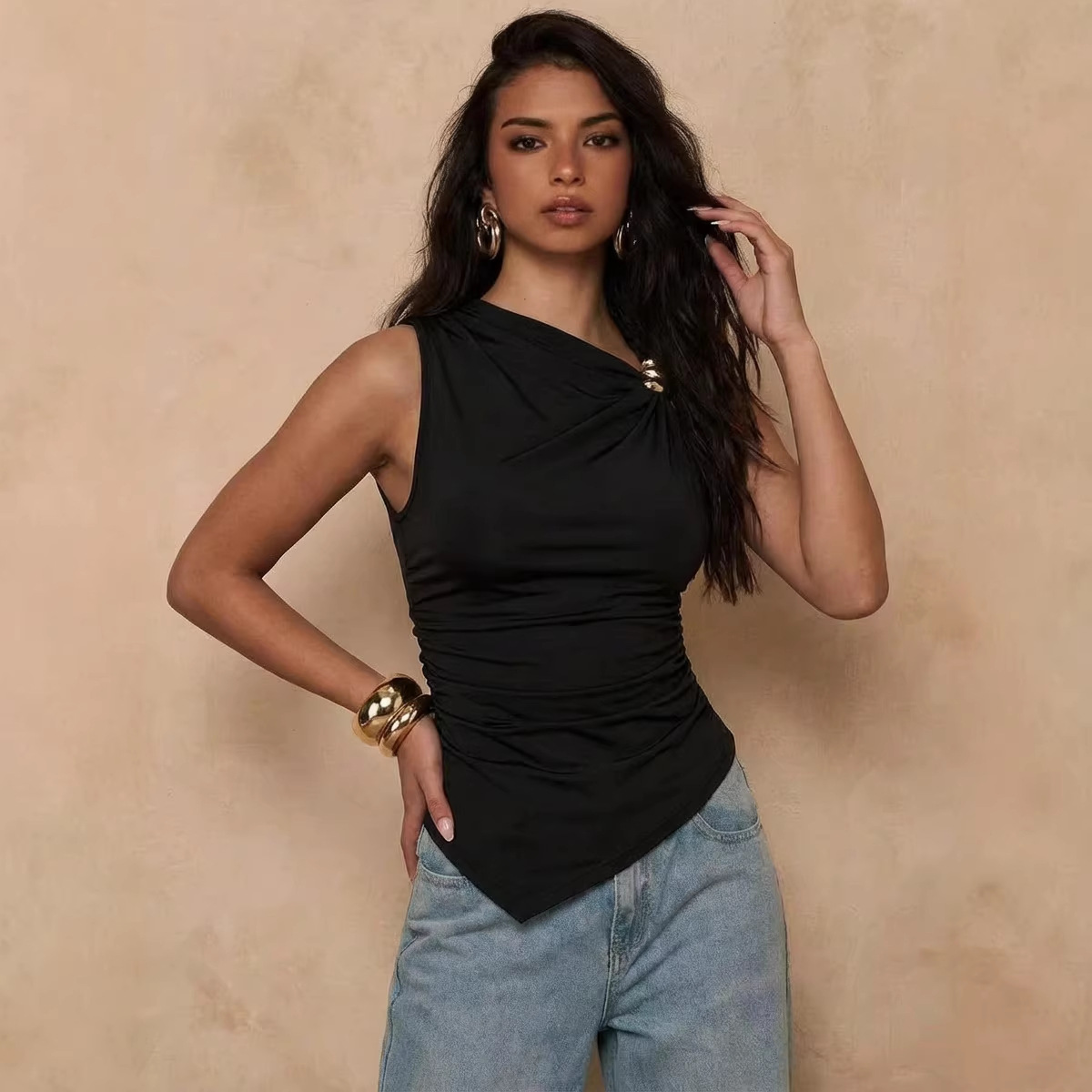 Metal buckle solid color irregular pleated slim fit sleeveless vest top for women