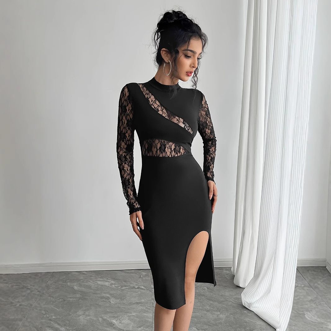 Autumn women's solid color contrast lace slit sexy tight dress