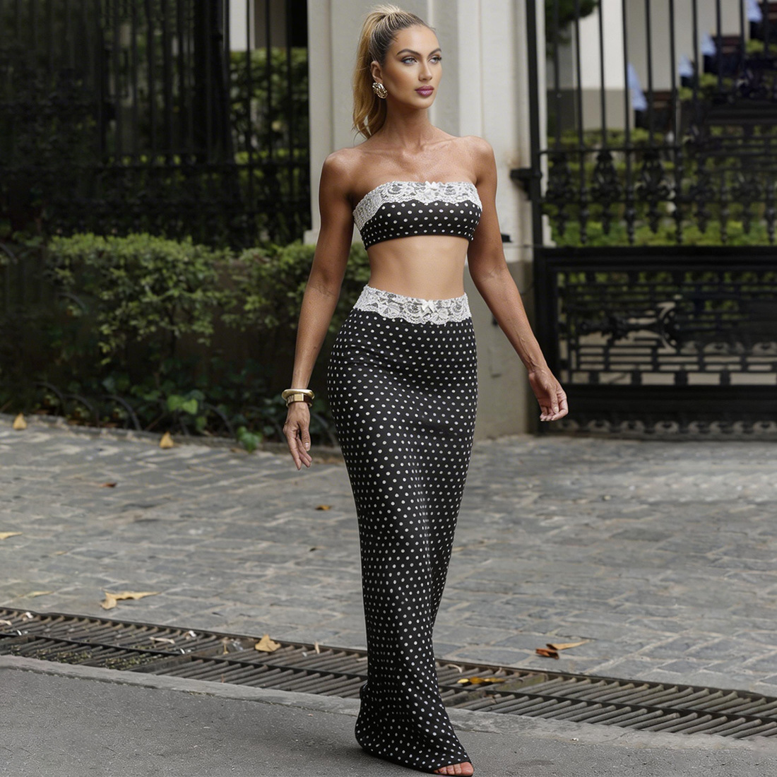 Women's sexy tube top lace vest polka dot high waist skirt suit for women