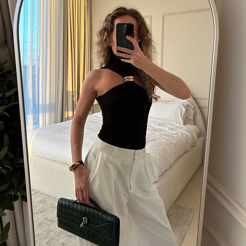 Style women's clothing personalized metal decoration sleeveless halterneck sexy slim vest top for women