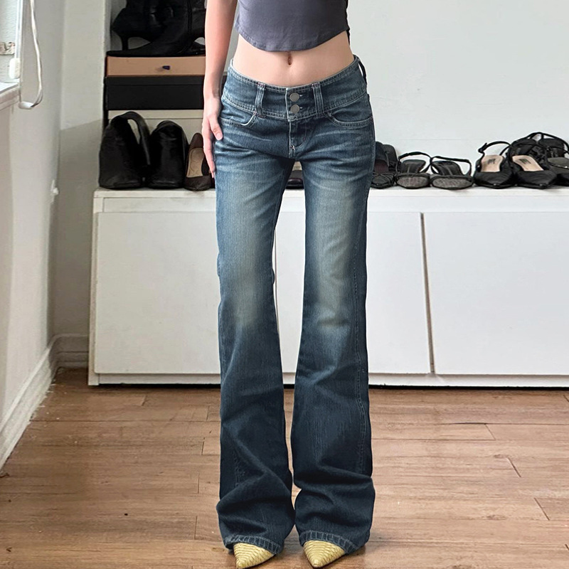 Retro style wide waist buttoned slim low waist washed slim jeans casual hot girl simple versatile trousers