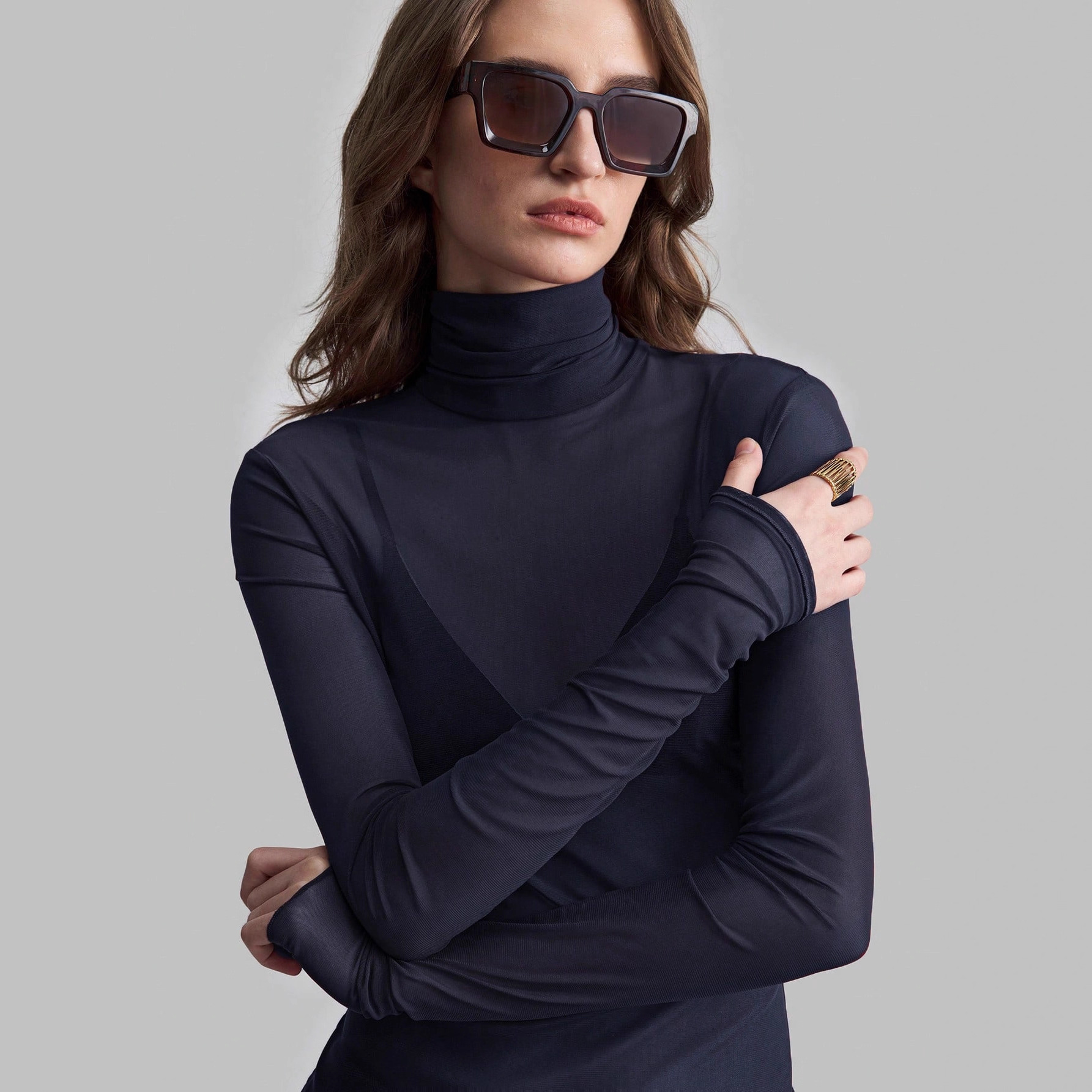 Quarter stand collar solid color mesh slim long-sleeved slimming commuter top
