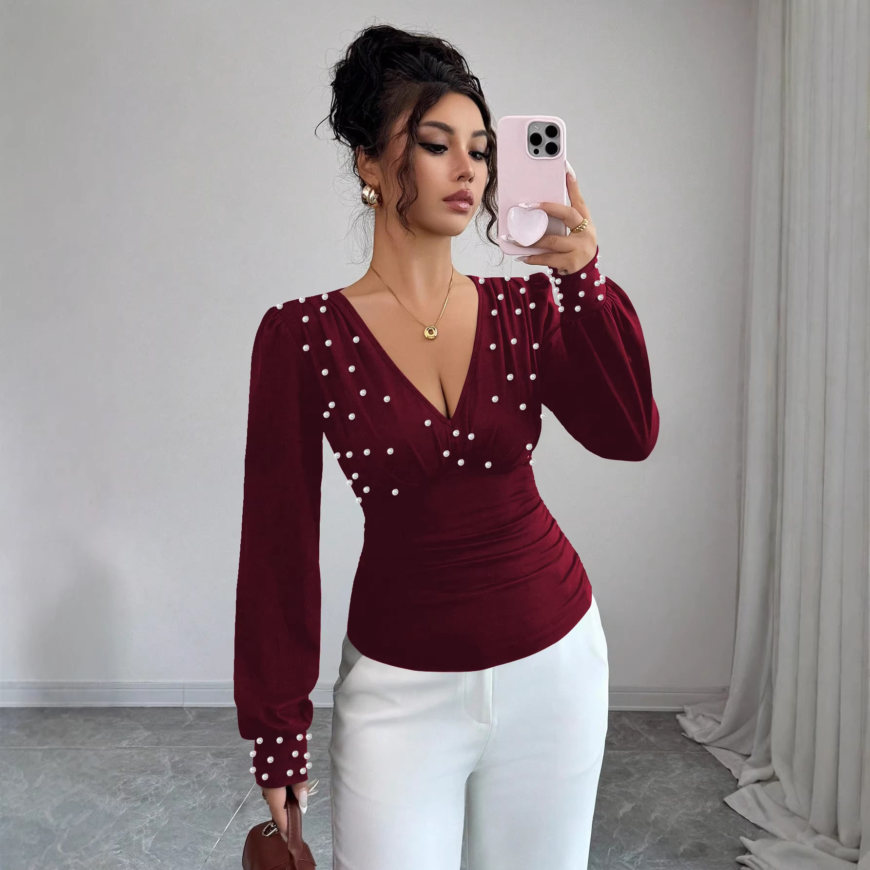 Fashionable handmade pearl solid color long sleeve slim shirt for women with collar