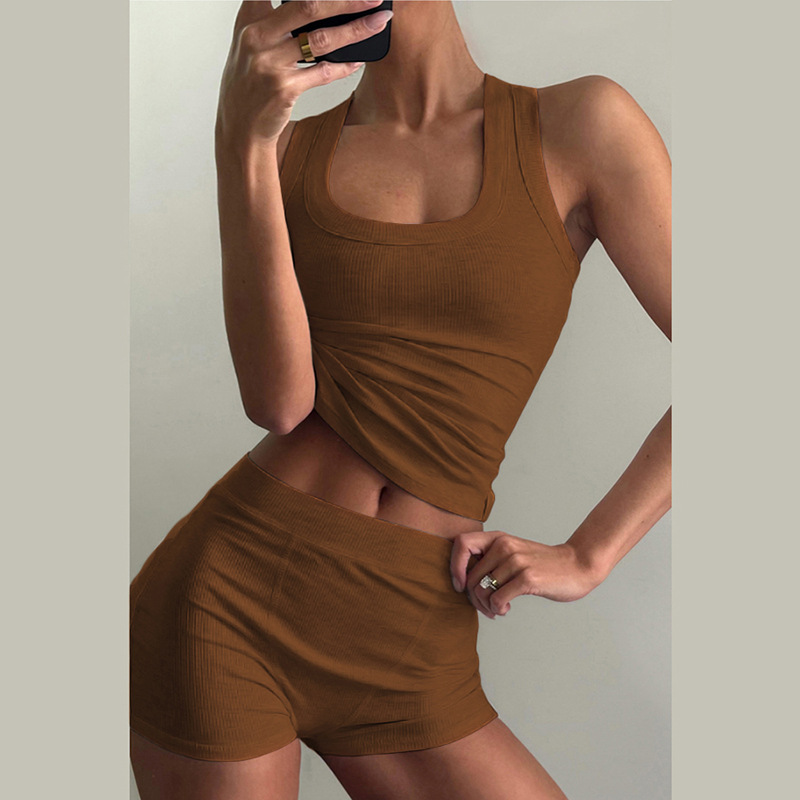 Women's Autumn Fashion Casual Round Neck Solid Color Slim Fit Racer Vest High Waist Shorts Suit