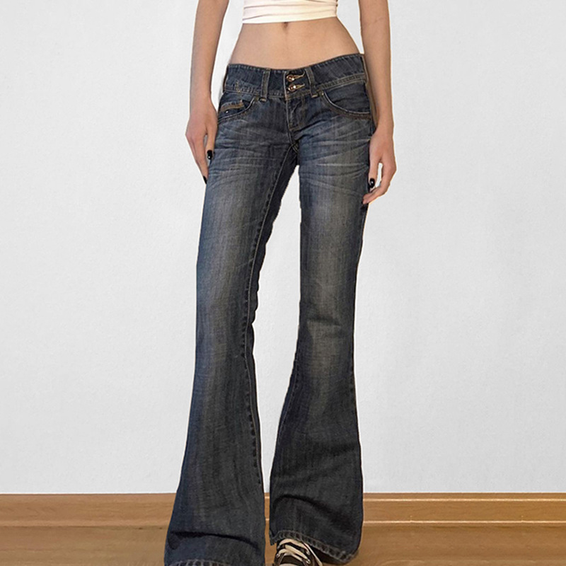 Retro low-waisted, washed and distressed, slim, versatile, slim fit and flared jeans, hot girl style commuting trousers