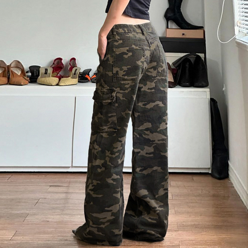 Low Price #High Street Workwear Style Camouflage Low Waist Jeans Hot Girl Loose Multi-Pocket Wide Leg Pants