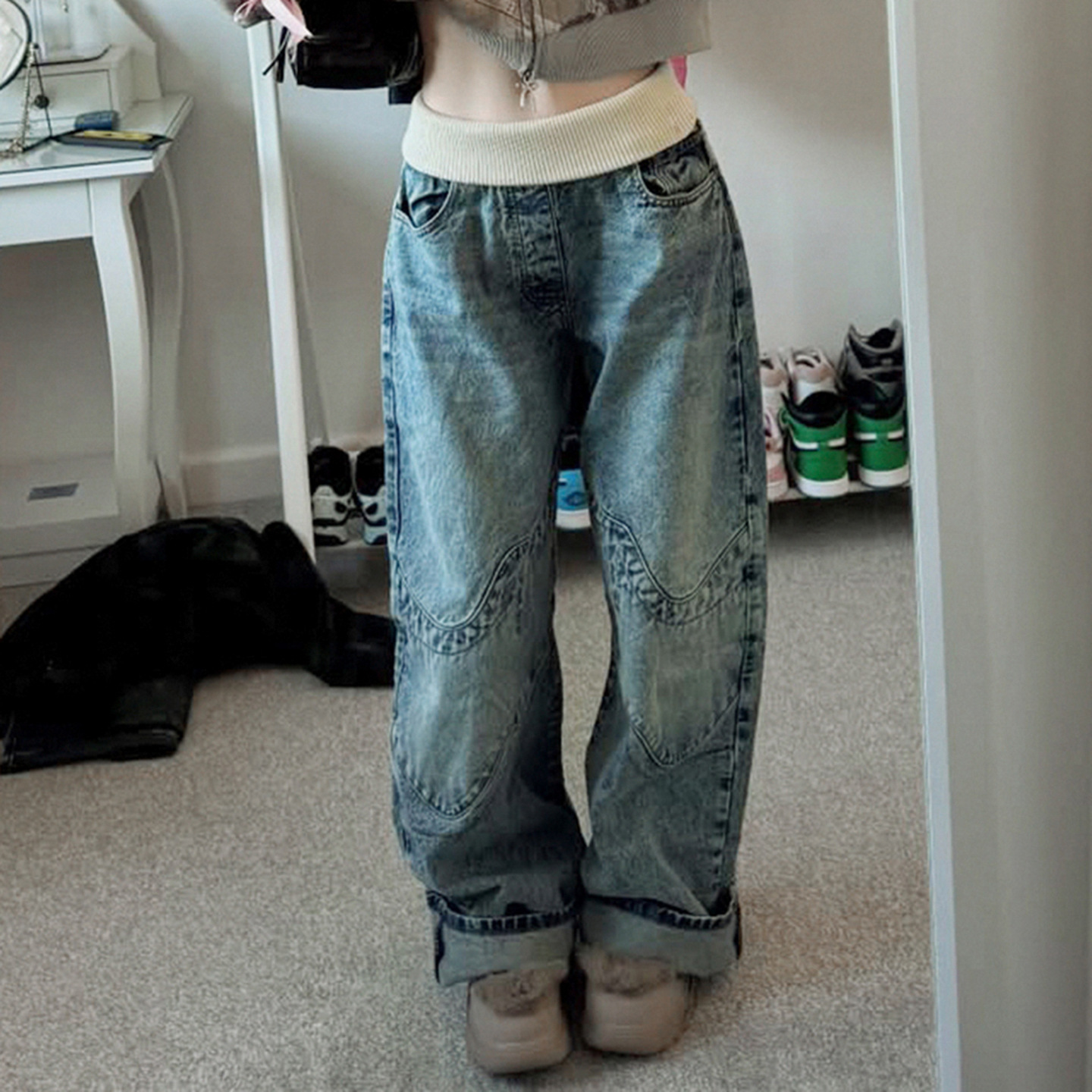 Street contrasting threaded stitching washed and distressed casual loose jeans retro hip-hop style wide-leg pants for women