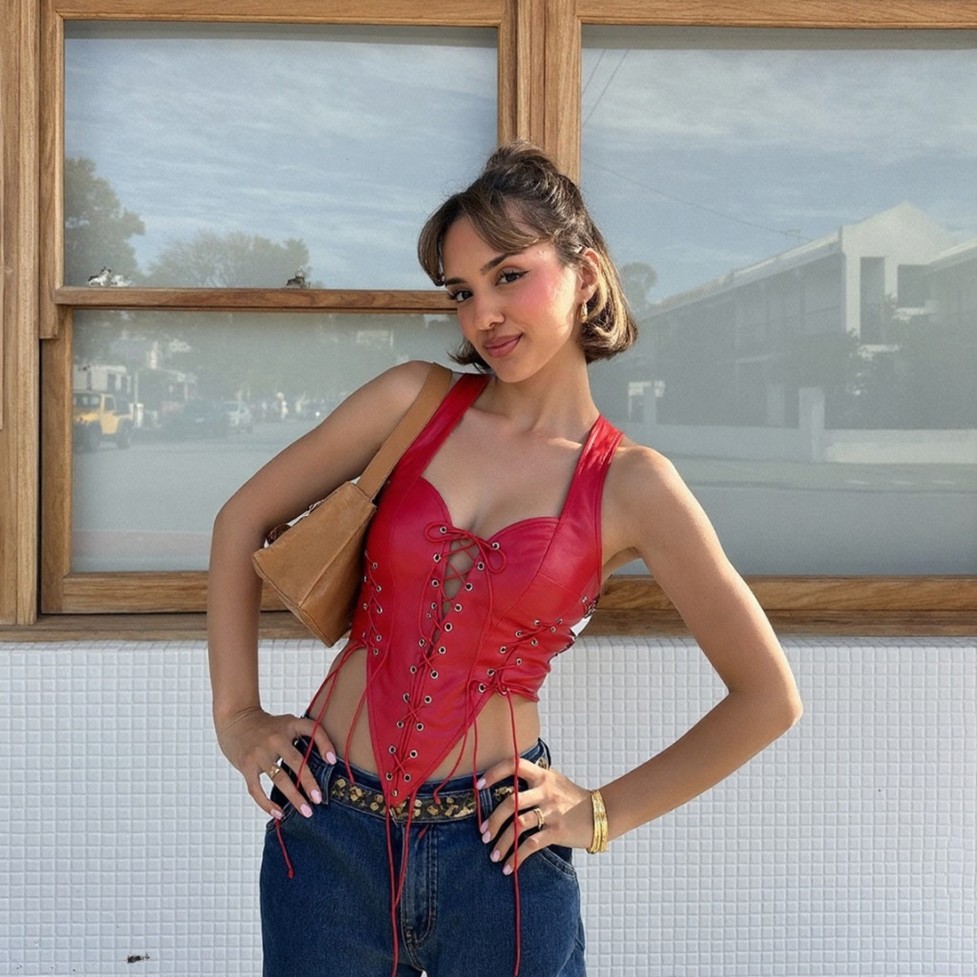 Fashionable Autumn Women's Fashion Hot Girl Sexy Hollow Backless Contrast Color Strappy Leather Vest