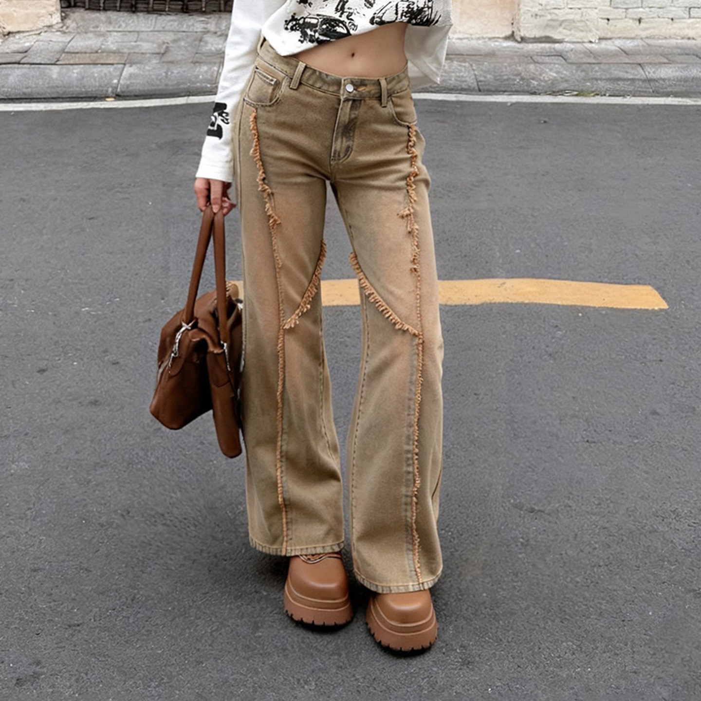 Retro street style old raw edge design loose casual jeans hot girl style segmented slimming trousers