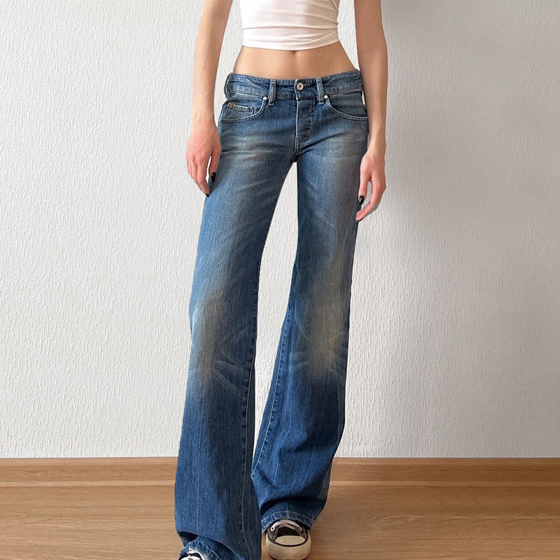 Temperament, commuting, casual style, low-waist basic, versatile, slimming, slim jeans, simple retro trousers for autumn
