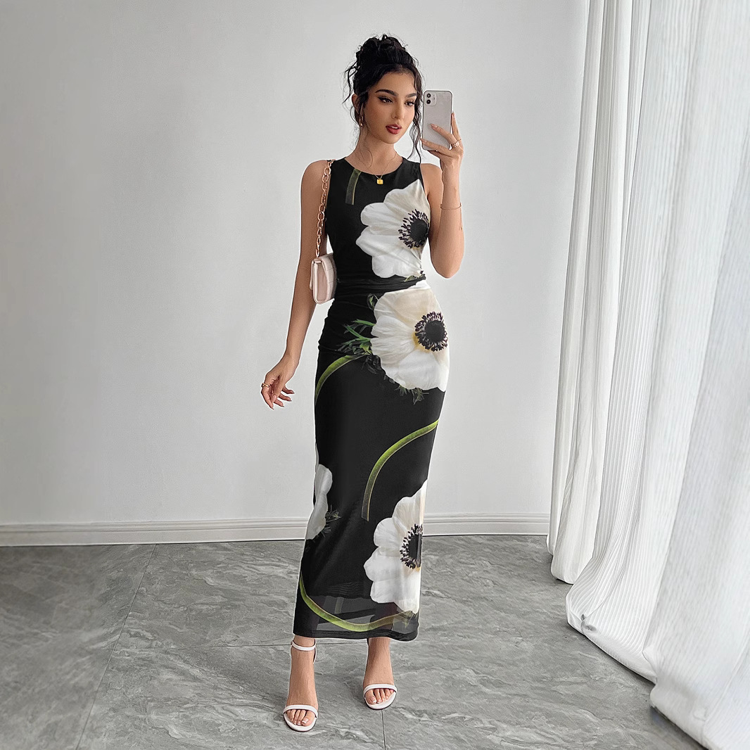 Women's black mesh printed sleeveless long dress