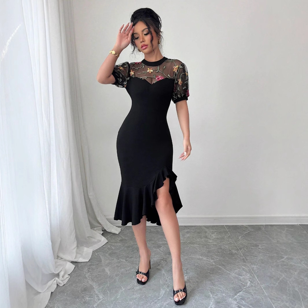 Women's mesh jacquard stitching asymmetrical hem waist skirt Yujie light mature style