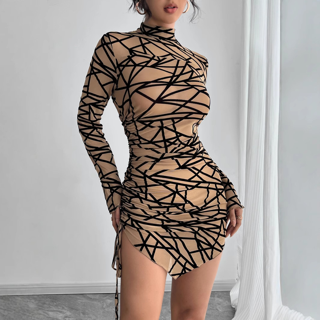 Women's slim side drawstring small stand collar long sleeve irregular short dress