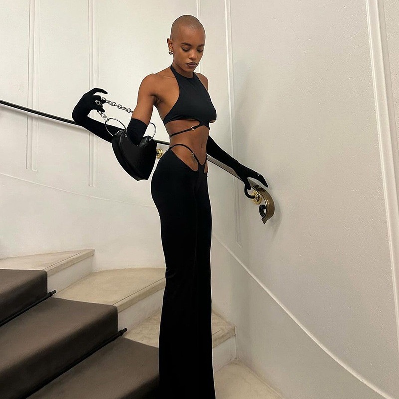 Women's Sexy Hot Girl Halter Neck Backless Suspender Low Waist Slim Slim Boot Pants Suit