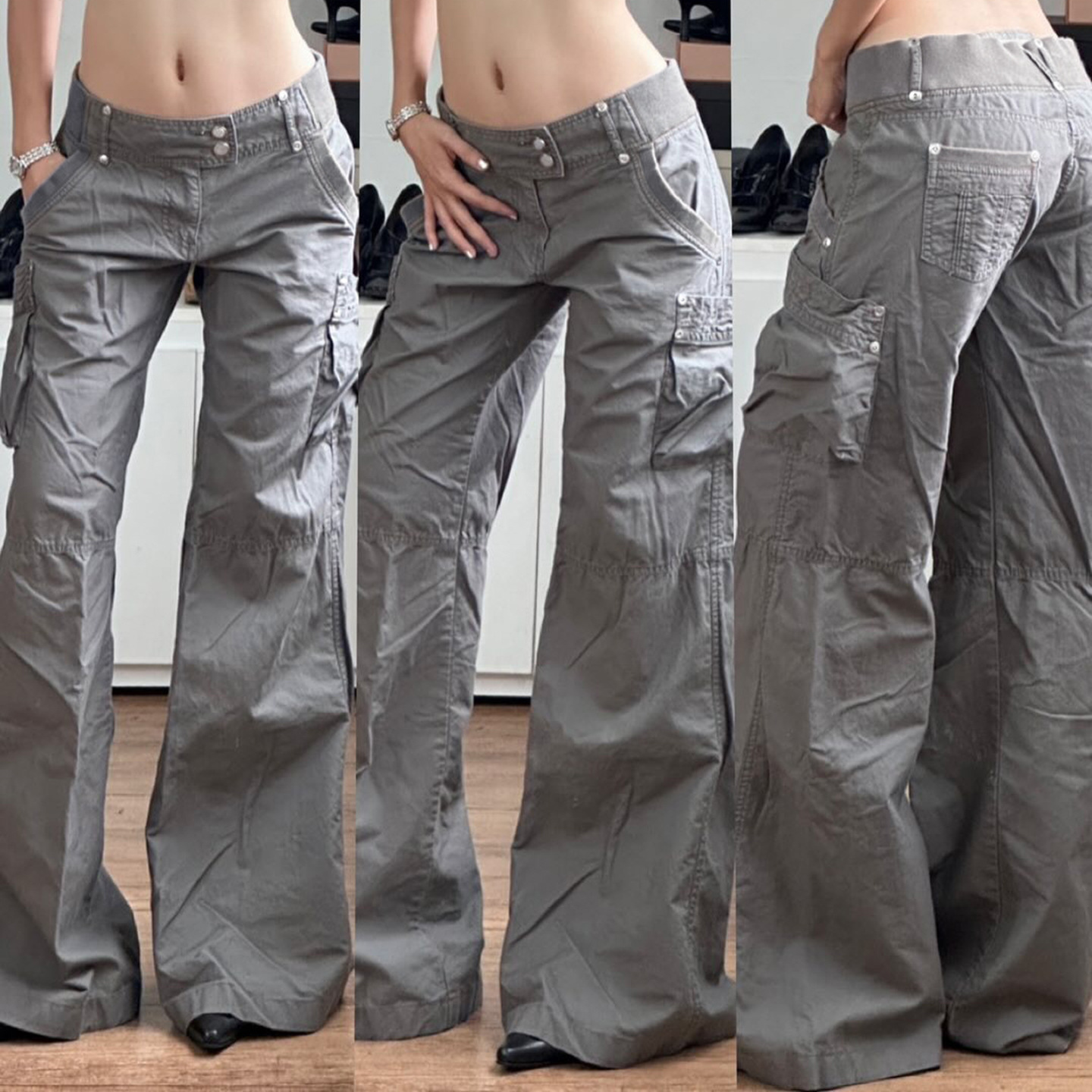 Low price #retro multi-pocket gray overalls loose-fit pleated low-rise cool denim trousers