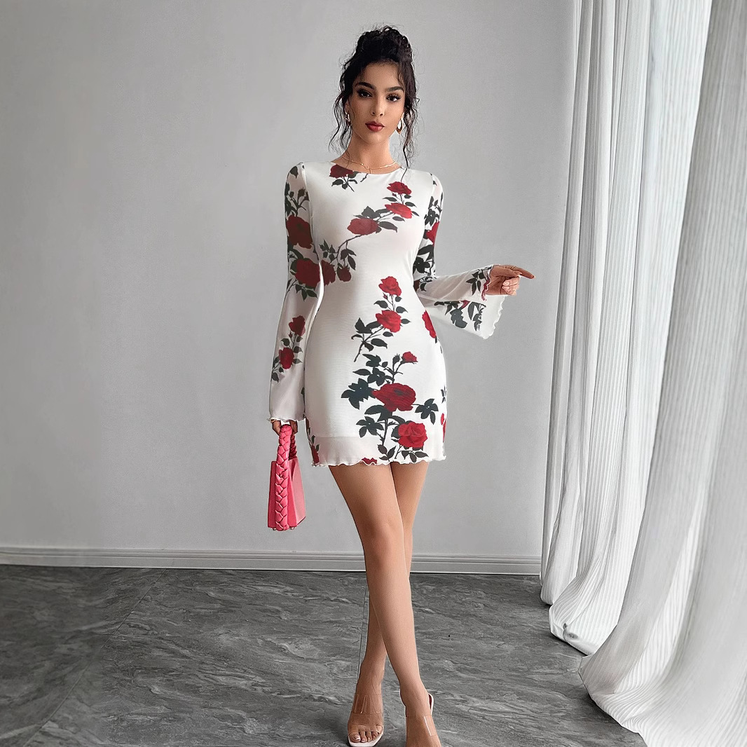 Women's Sexy Floral Backless Mesh Bell Sleeve Mini Dress