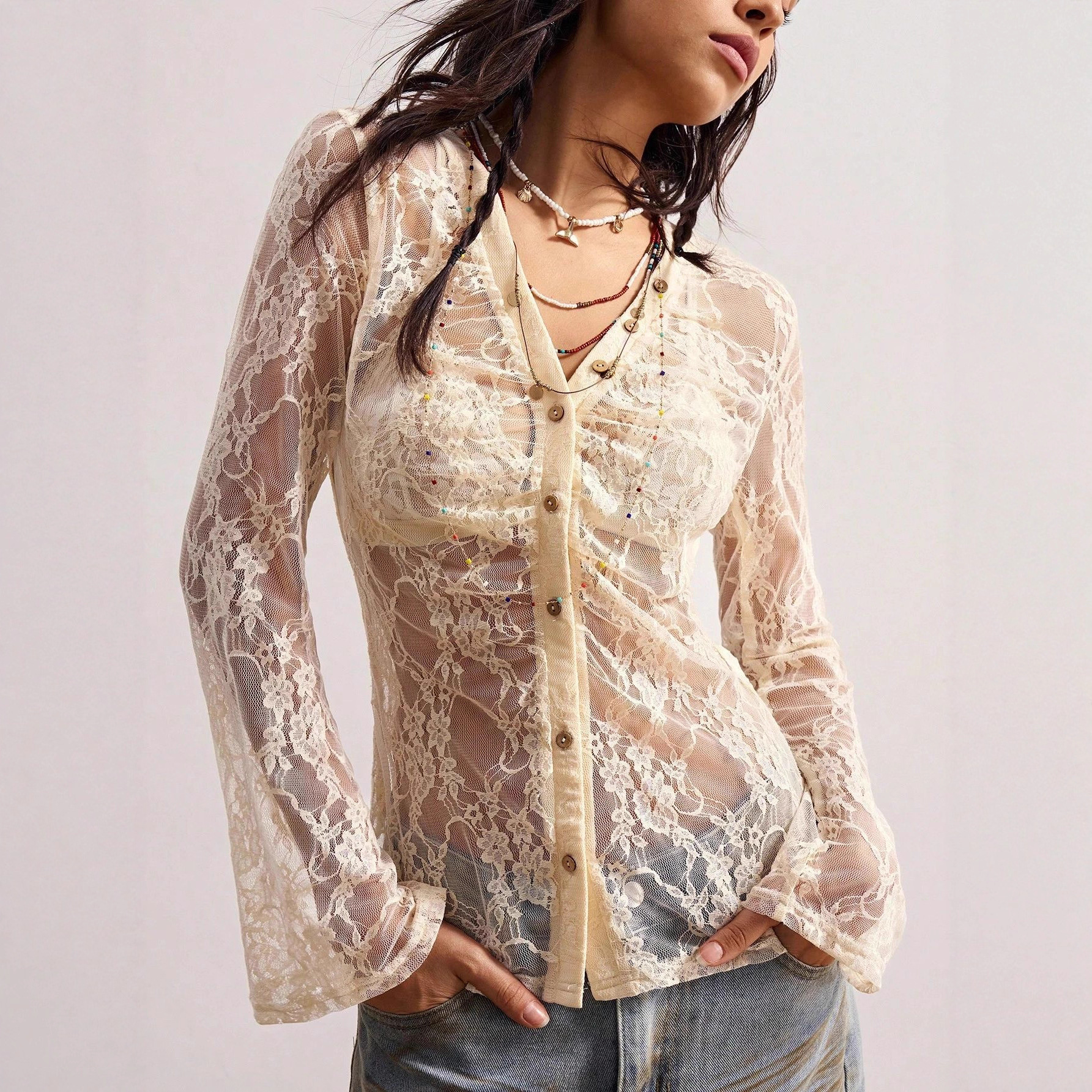 Lace shirt slim fit niche design commuting slightly see-through top for women