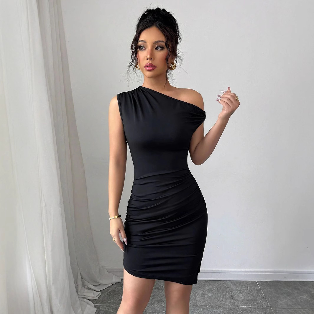 Women's sleeveless slope neck slit ruffled bodycon dress