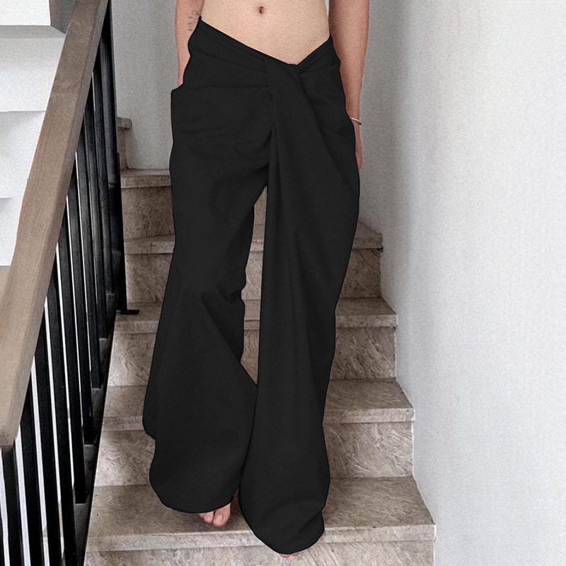Temperament casual irregular twist low-waist solid color wide-leg pants loose drape woven pants