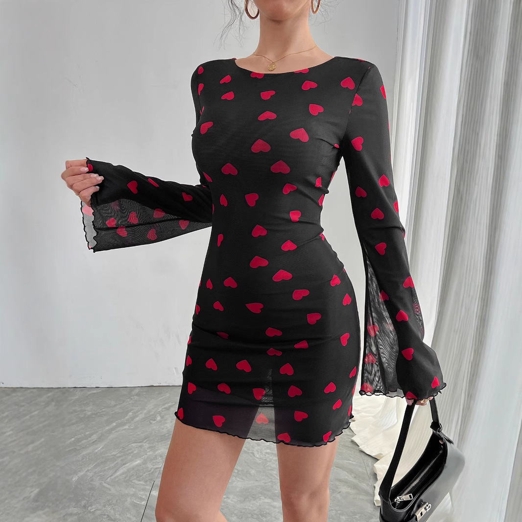 Women's Heart Print Bell Sleeve Backless Mesh Dress