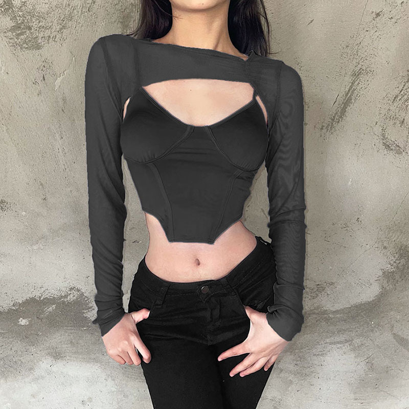 Winter women's backless slim vest round neck long sleeve mesh short navel shirt