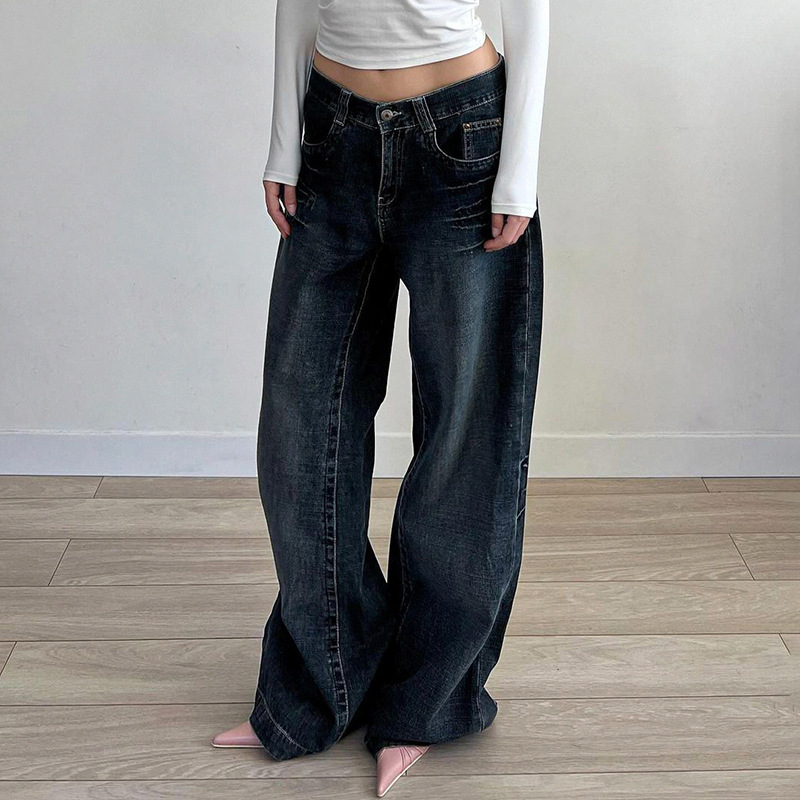Simple casual and versatile washed loose slimming trousers retro low-rise jeans