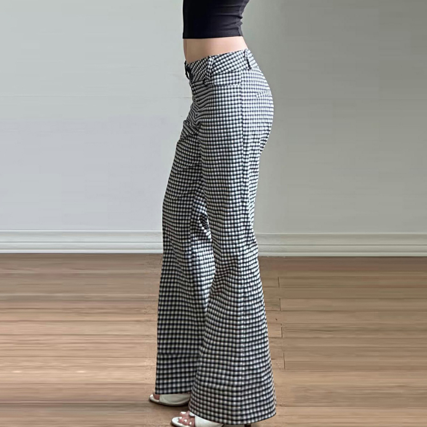 Retro style low-waist slimming plaid contrasting bell-bottom trousers hot girl niche casual trousers