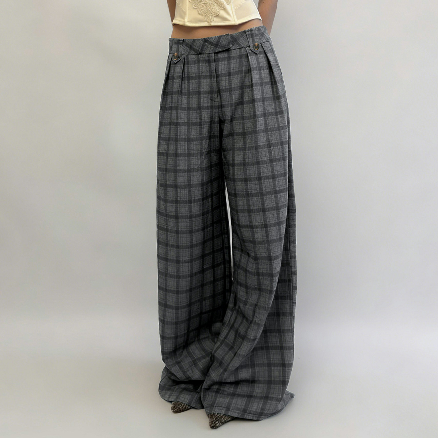 Retro casual style loose and lazy wide-leg plaid contrasting trousers, elegant, basic and versatile daily trousers for women