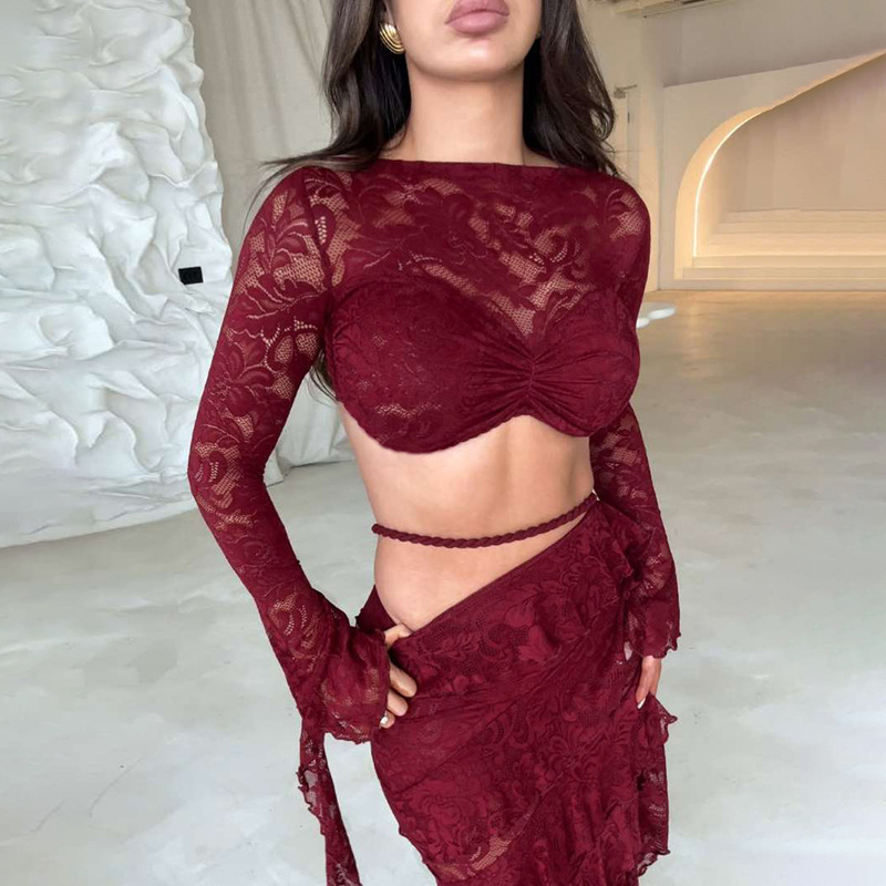 Autumn women's sexy hollow round neck navel-baring long-sleeved lace ribbon skirt suit