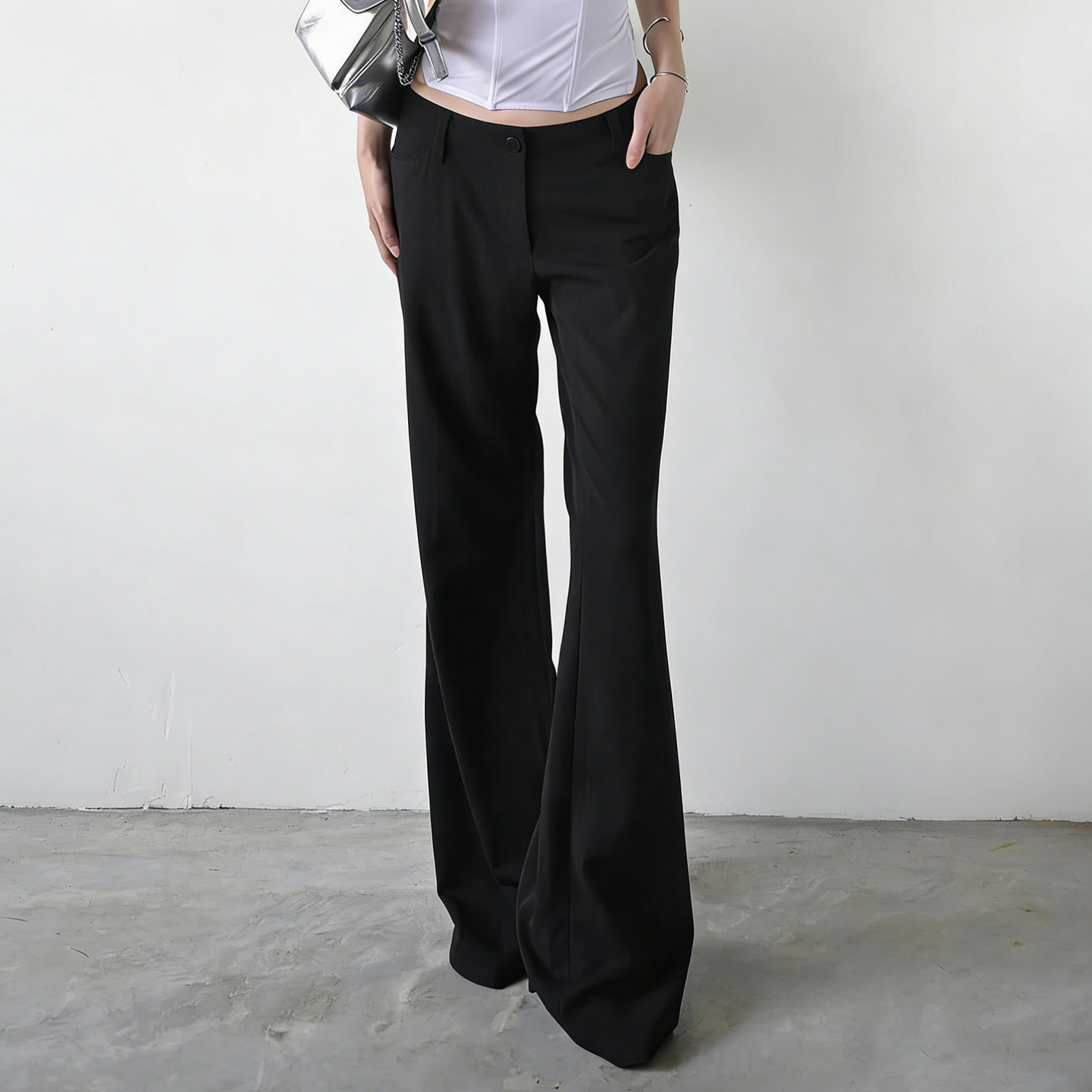 Temperament, commuter style, sexy low-waisted, loose and casual suit trousers, simple black basic versatile casual trousers