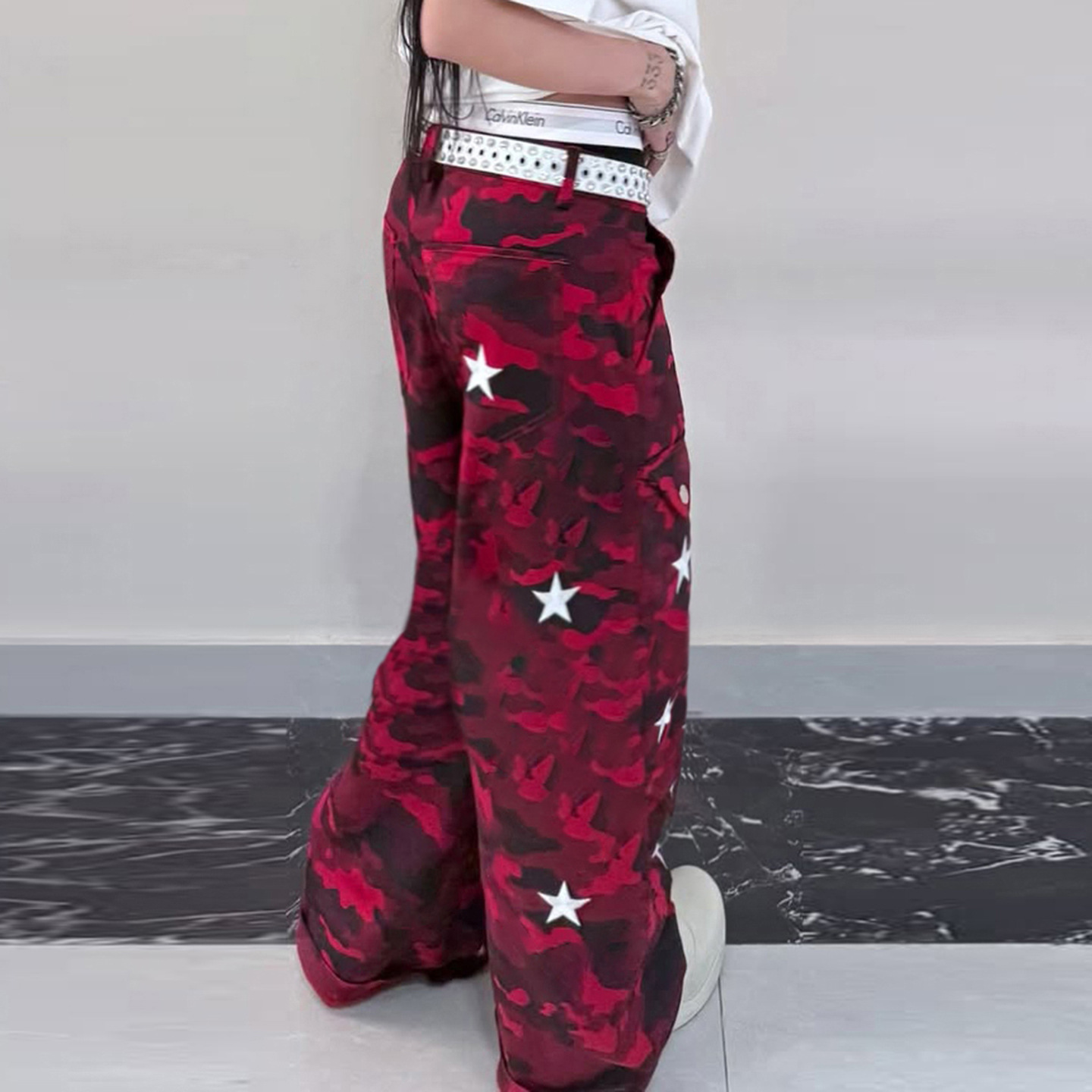 Low price# Street hot girl printed loose hip-hop style trousers, cool camouflage workwear woven pants