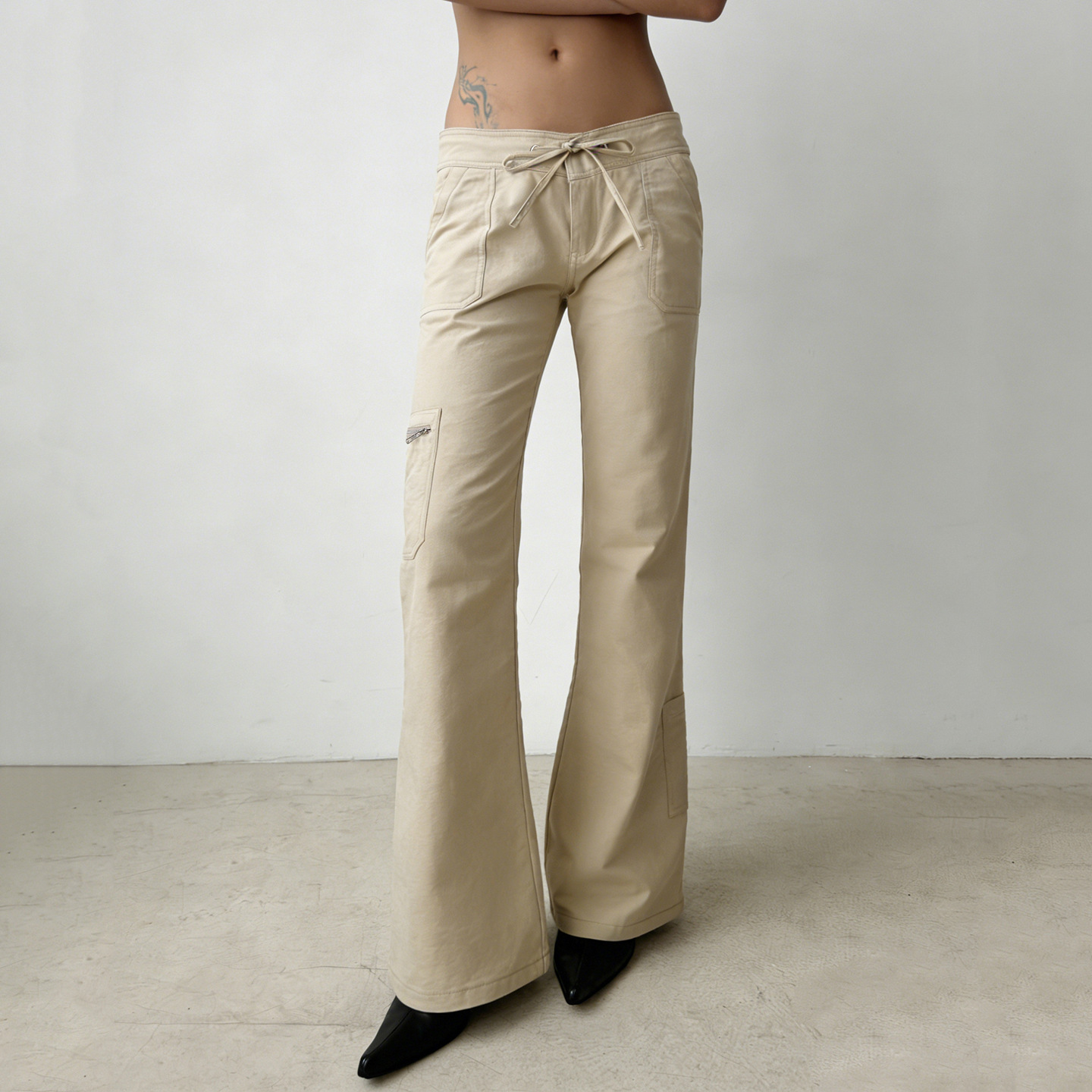 Simple style daily drawstring overalls street retro loose tube casual zipper pocket trousers