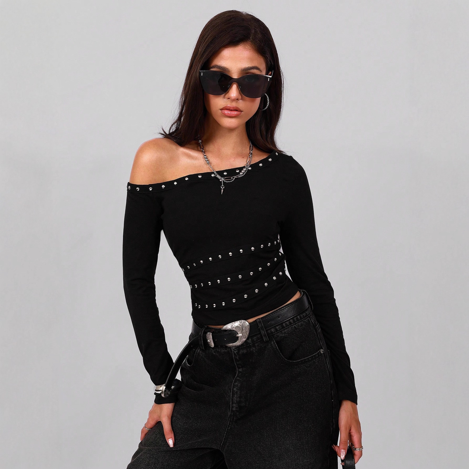 Hot Girl Sloping Collar Metal Ribbon Studded Decoration Slim-fitting Shirt