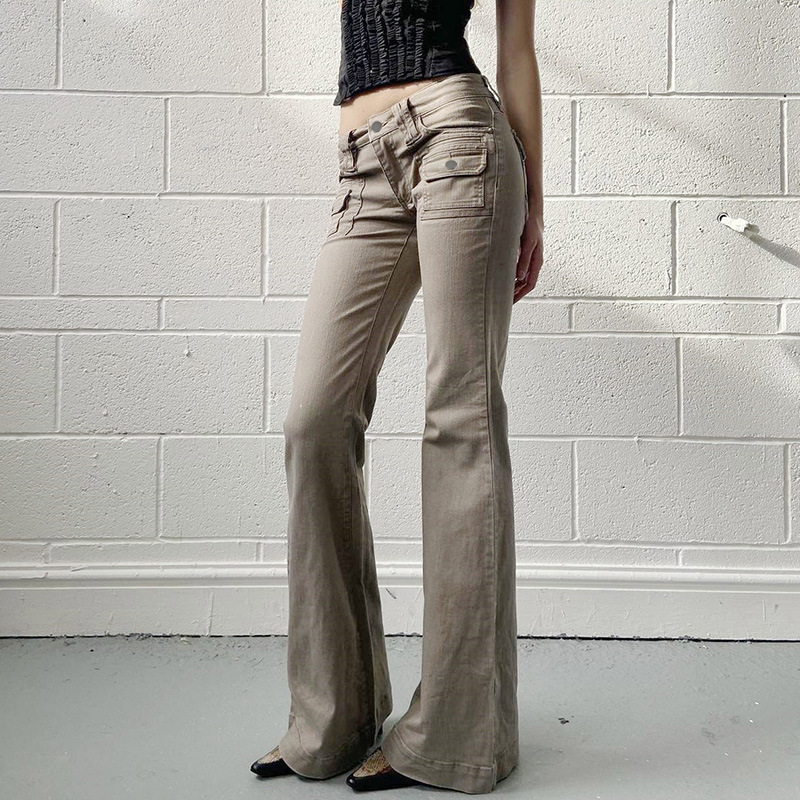 Sexy Hot Girl Low Waist Slim Pocket Flare Pants Women's Light Work Wear Style Cool Handsome Casual Jeans Autumn