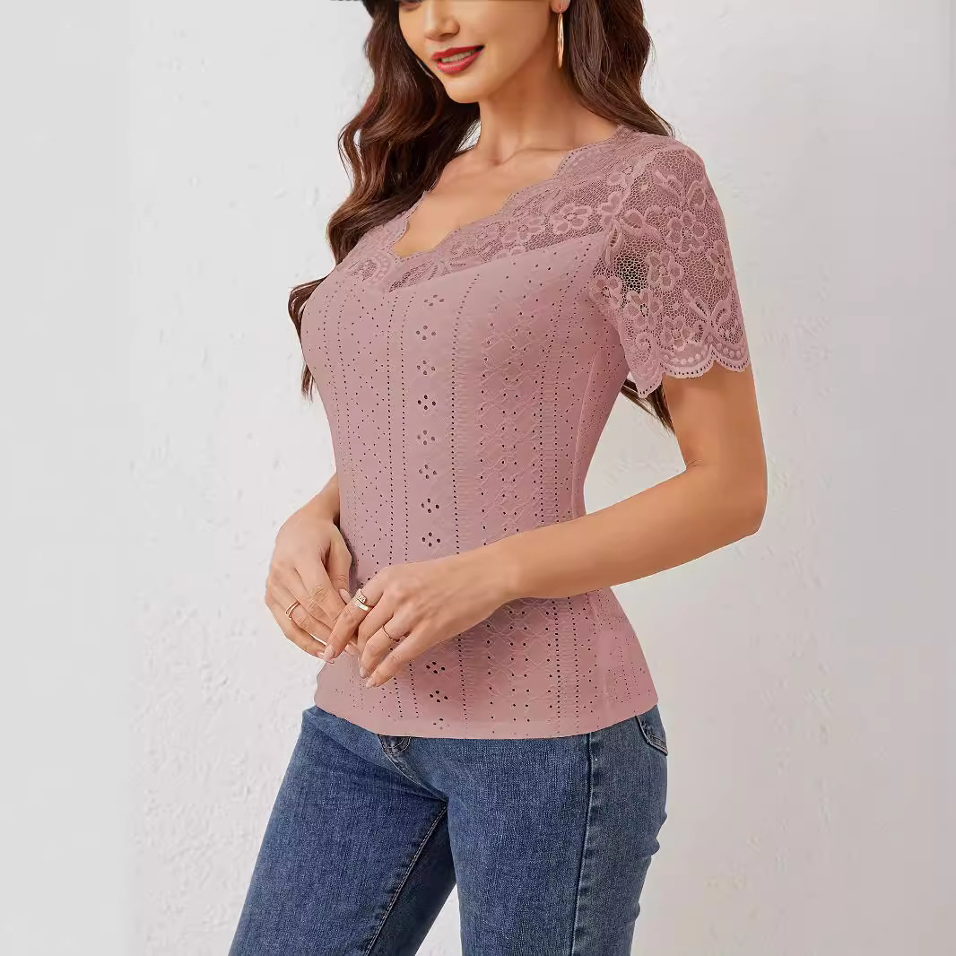 Scalloped front and rear neck lace splicing slim fit short-sleeved tops for commuting