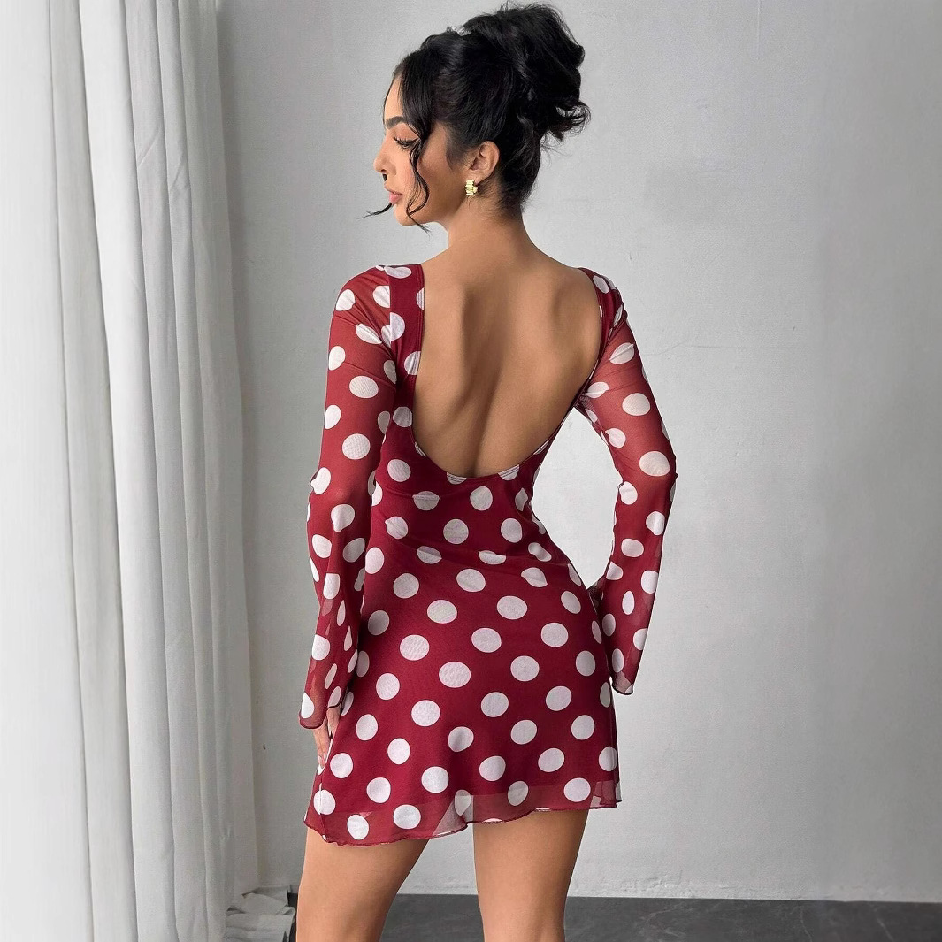 Women's Sexy Polka Dot Backless Mesh Bell Sleeve Mini Dress