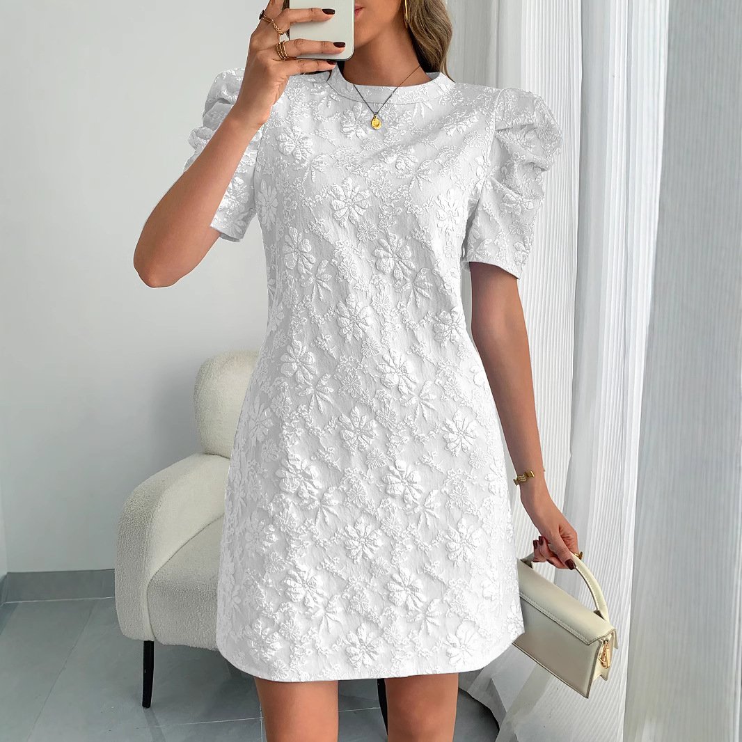 Women's Puff Sleeve Textured Jacquard Round Neck Vintage Style Dress