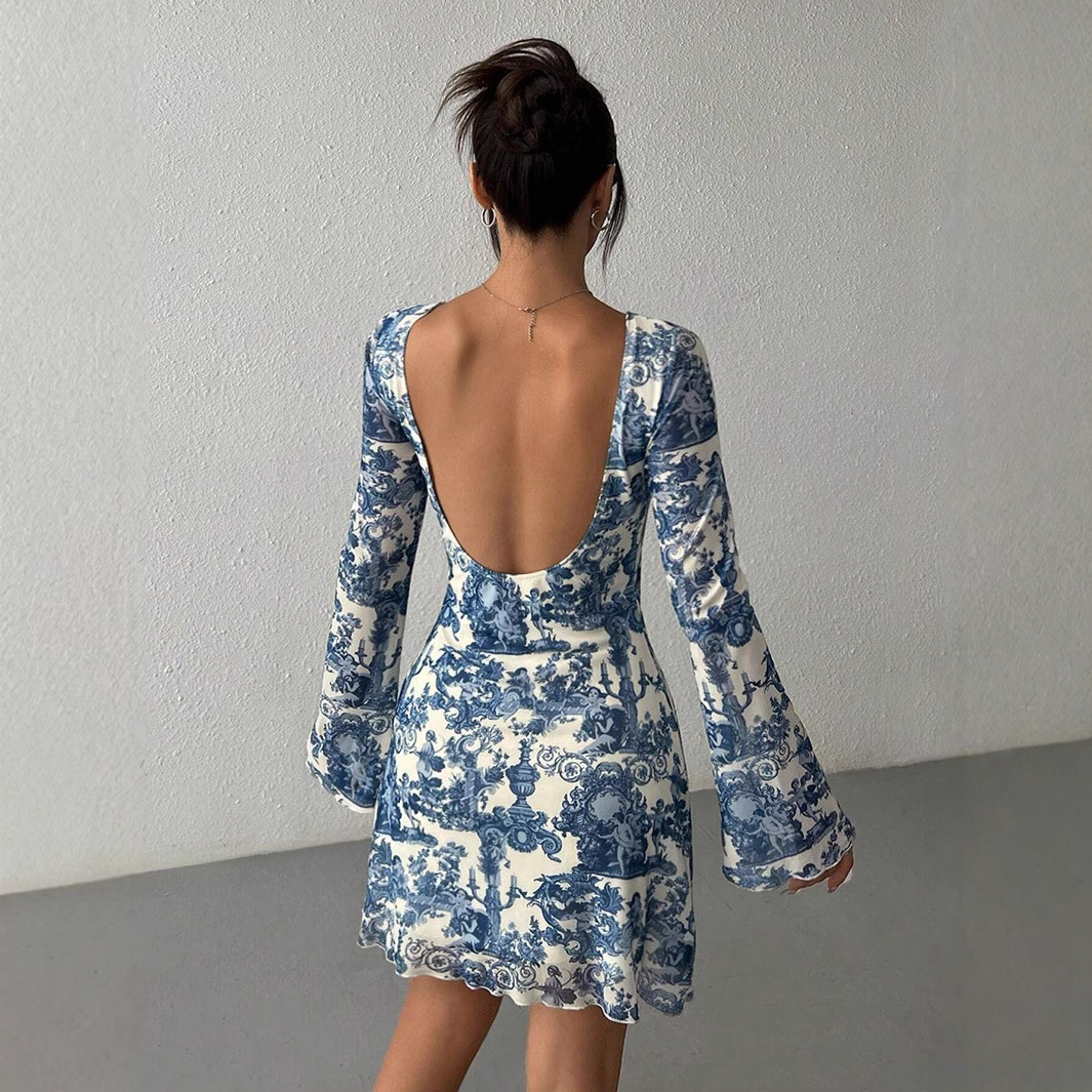 Women's Printed Bell Sleeve Backless Mesh Dress
