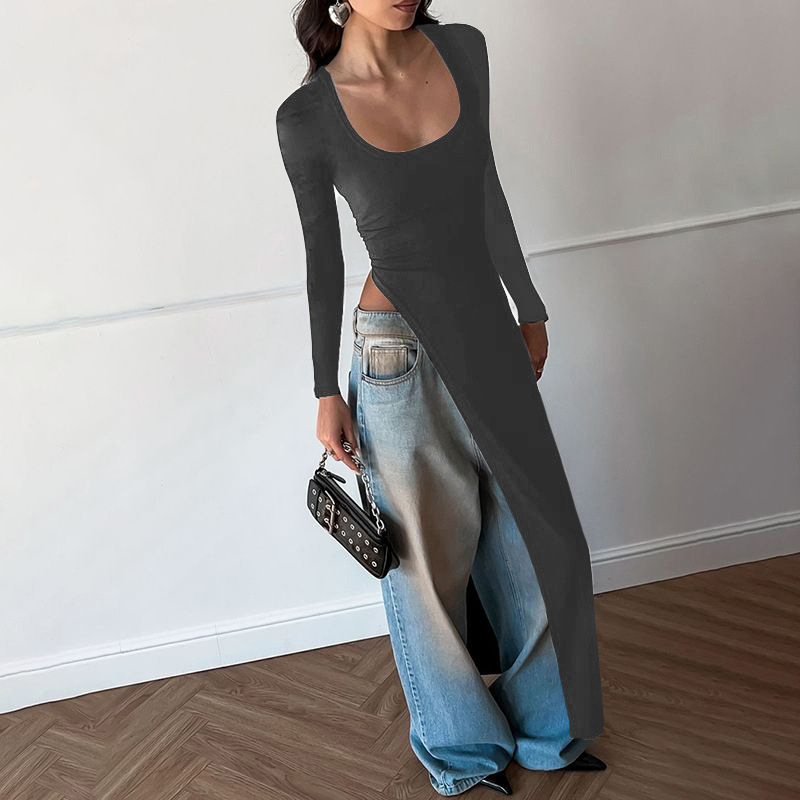 Women's Autumn Personalized Irregular Slim Solid Color Round Neck Long Sleeve Shirt Top