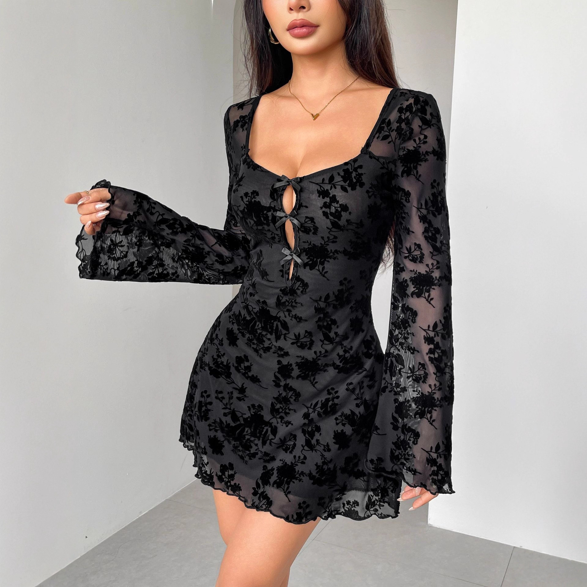 Autumn dress flocked long sleeve floral hollow bow women's clothing