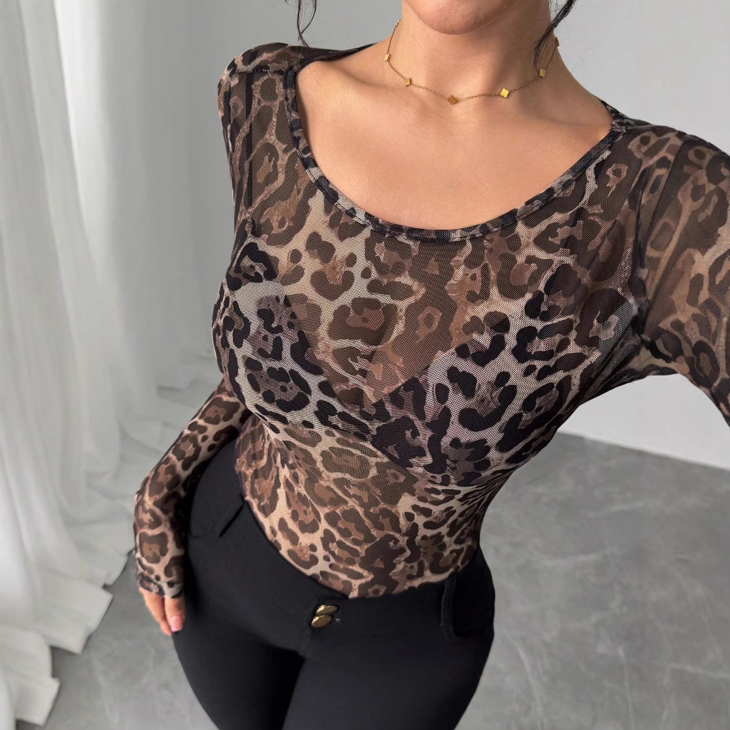 Autumn Ladies Fashion Transparent Leopard Mesh Round Neck Long Sleeve Slim Shirt