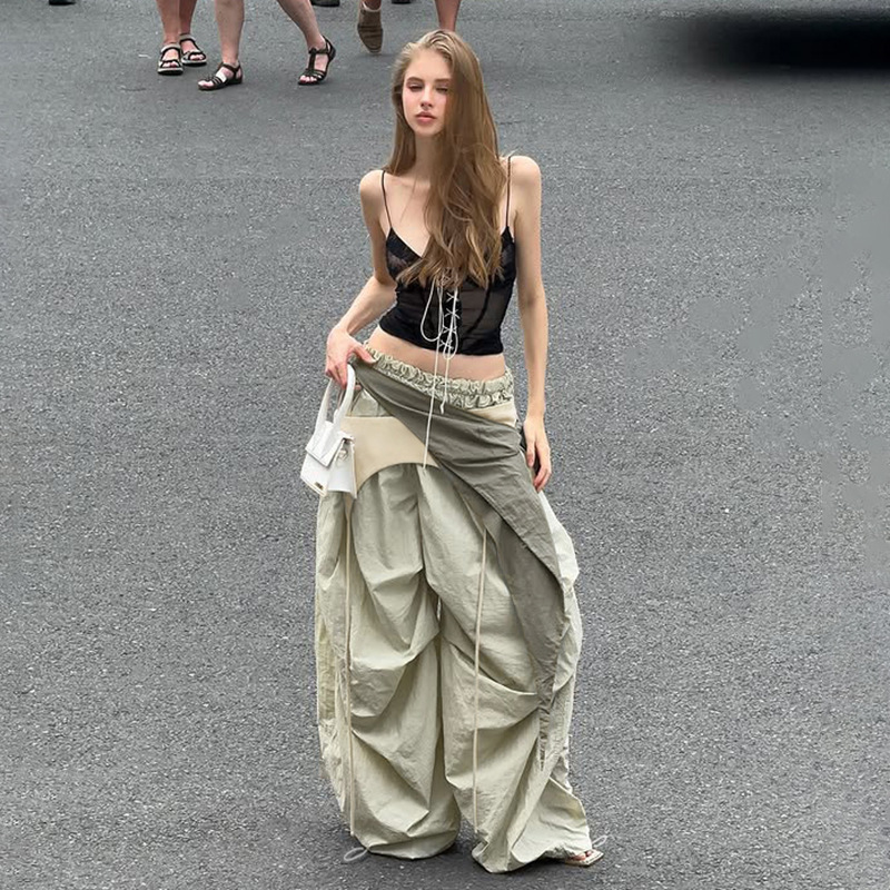 Low Price # Hot Girl Lace-Up Design Pleated Ribbon Overalls Street Loose Lazy Pants