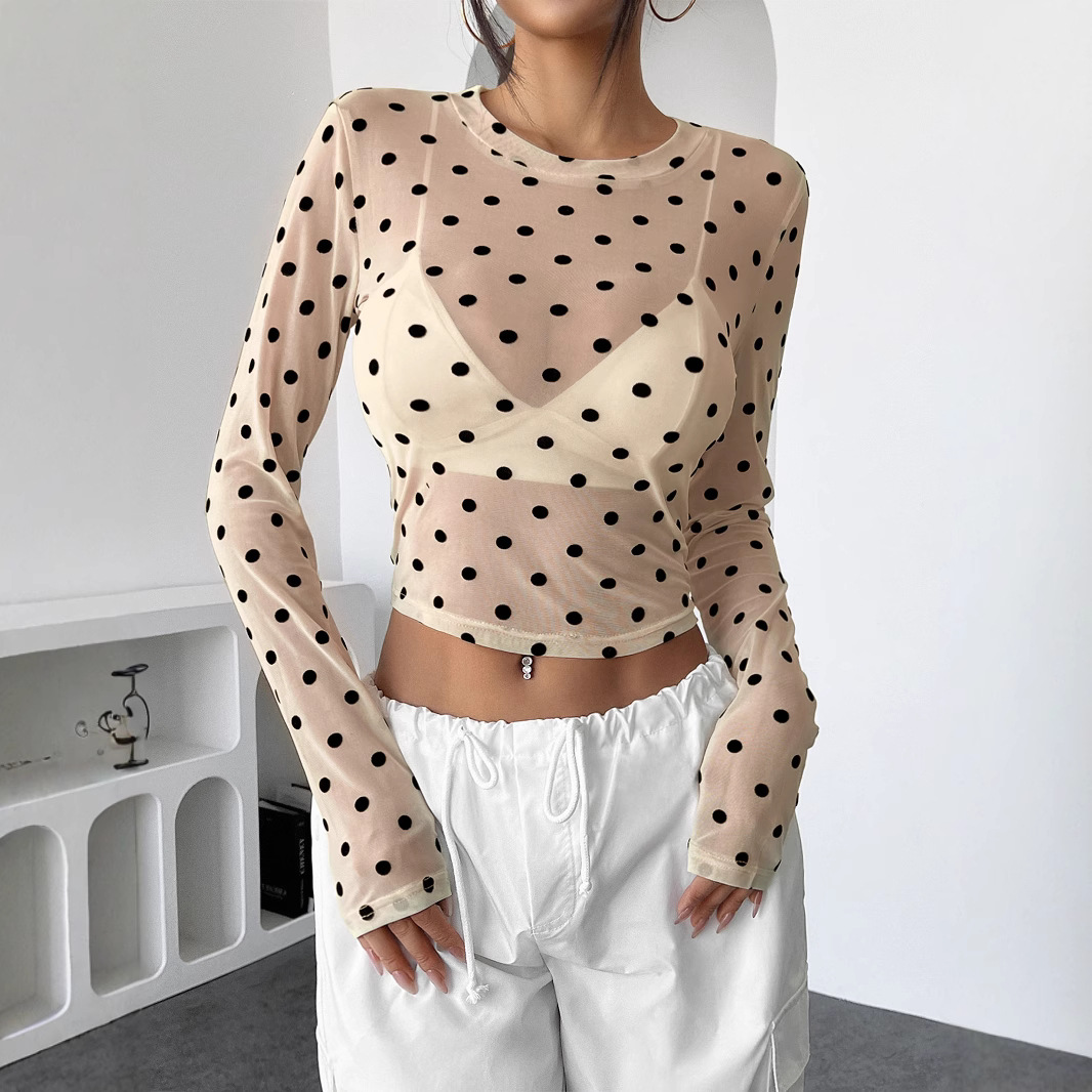 Hot girl design see-through polka dot slim fit mesh round neck long-sleeved shirt for women