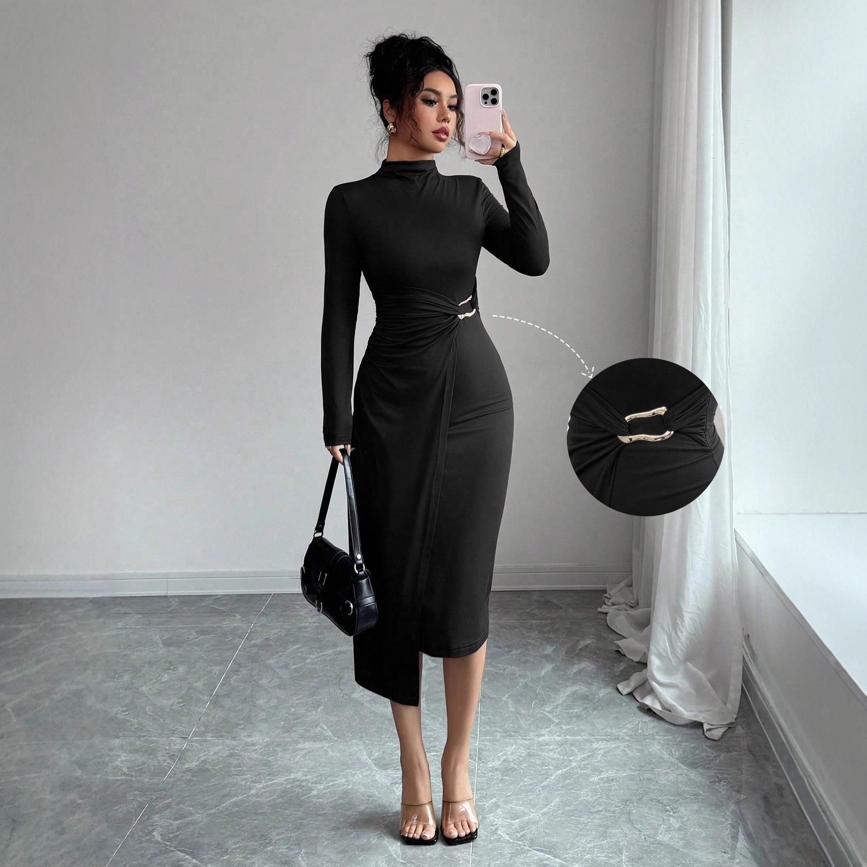 Small stand-up collar knitted solid color slim fit metal button dress