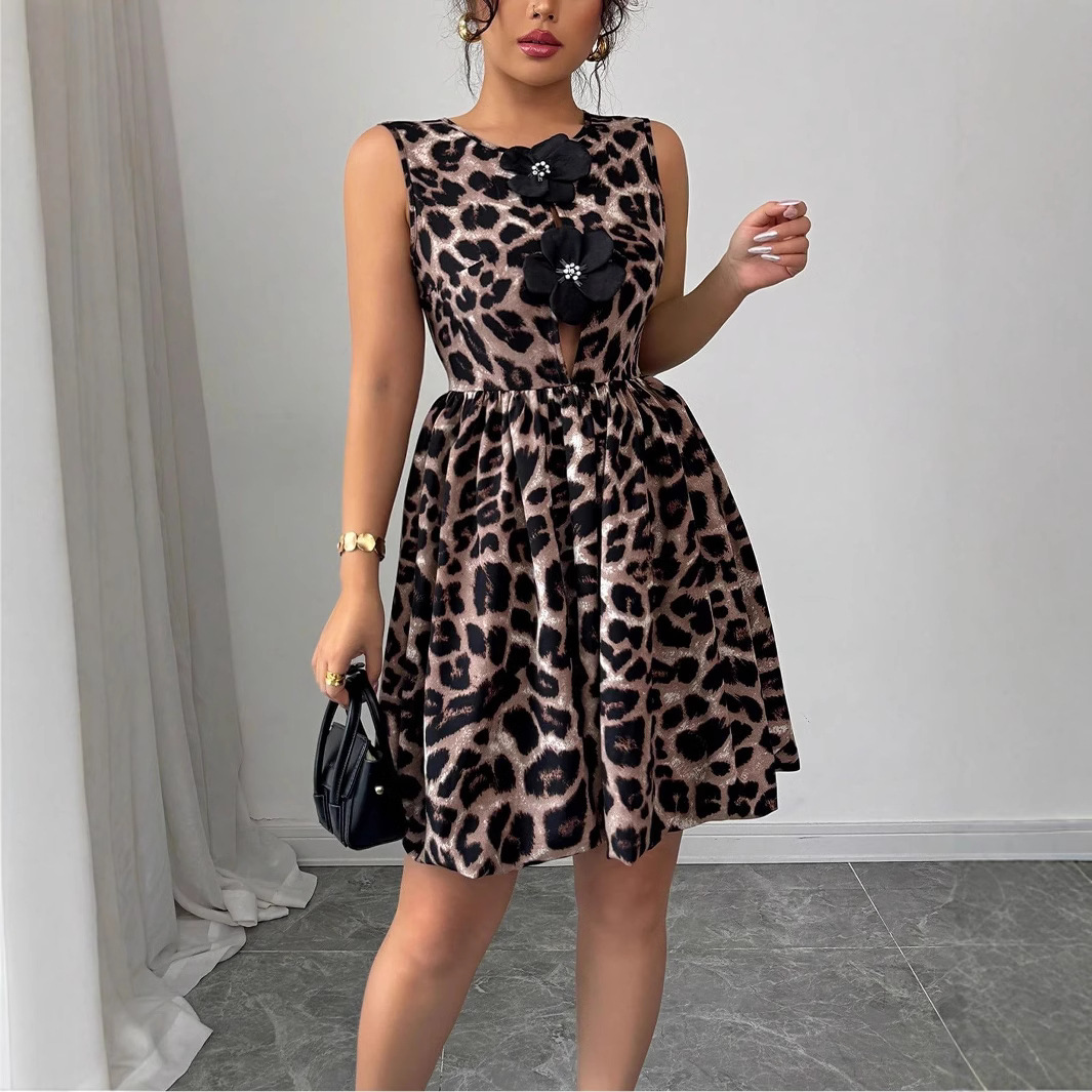 Women's leopard print three-dimensional flower decoration dress for women
