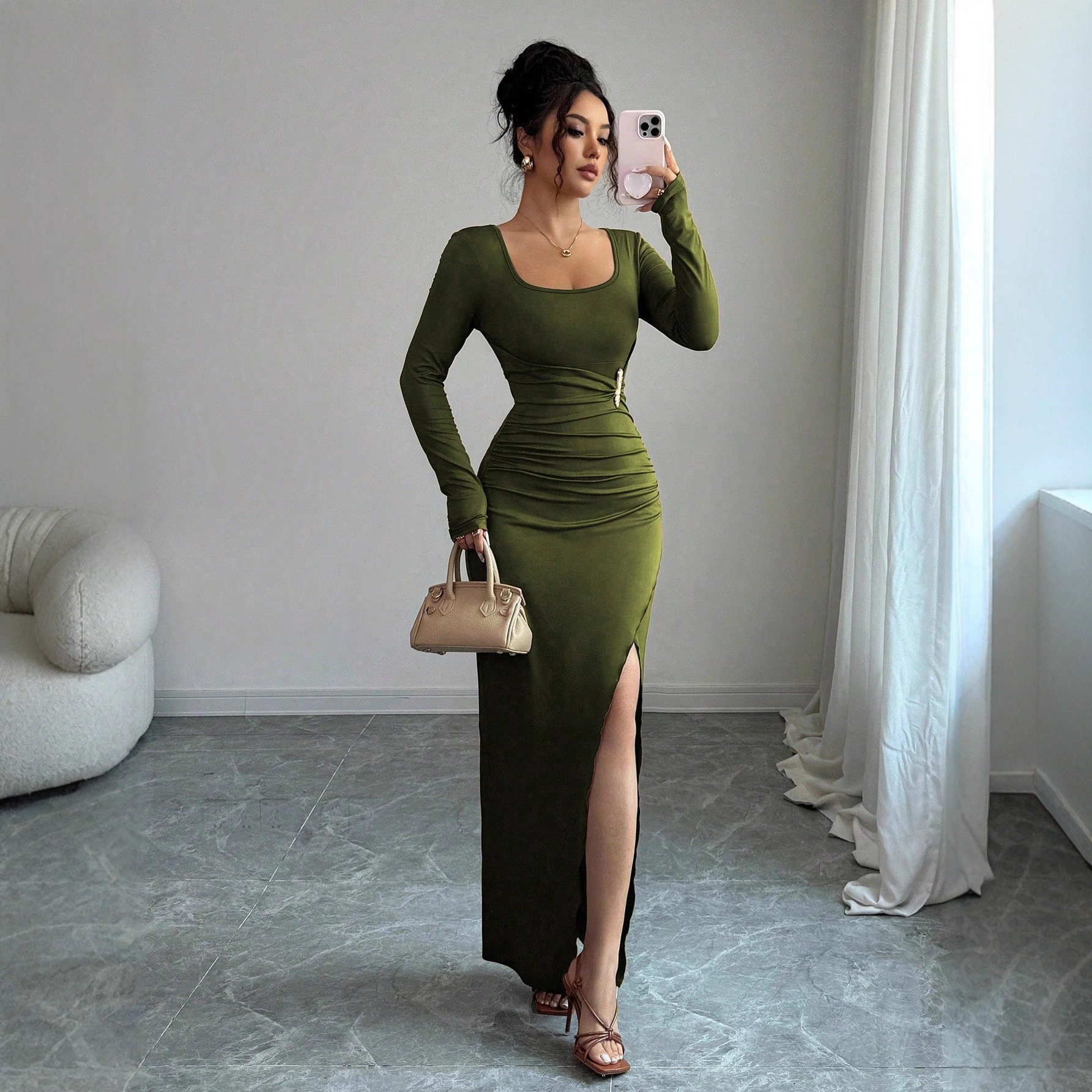 Collar solid color slim fit knitted long sleeve slit dress