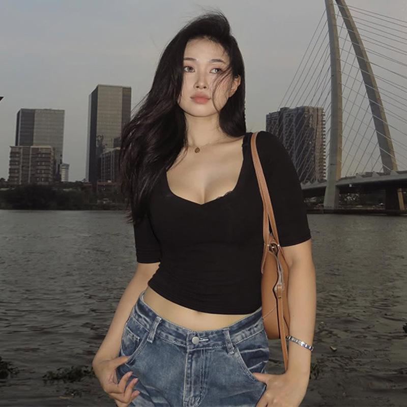 Women's Sexy Solid Color Low Neck Slim Casual Trendy Fashion Personalized Shirt Tops