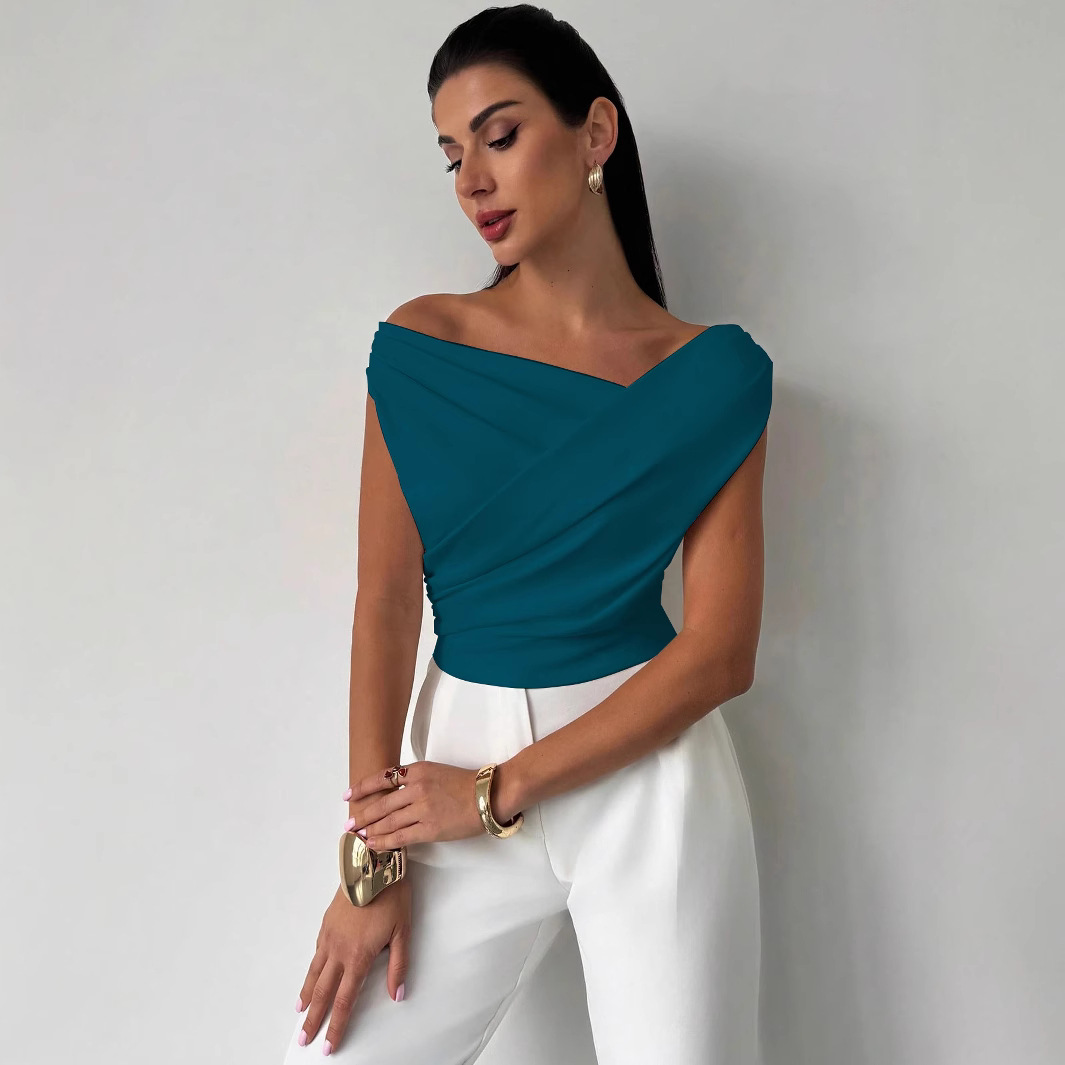 Solid Color Sleeveless Shirt Women's Simple Style Sloping Shoulder Slim Sleeveless Short Top