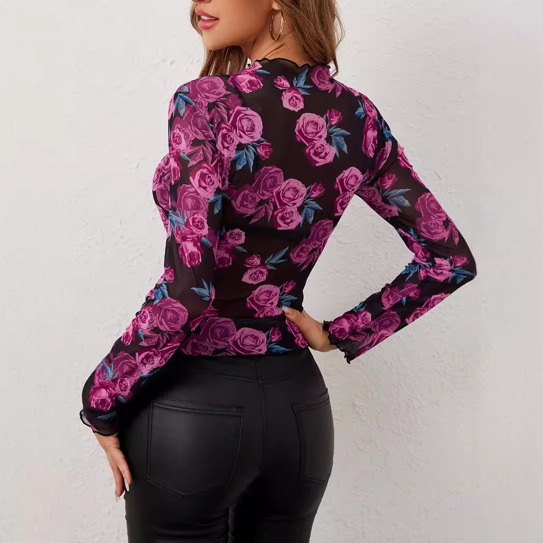 Elegant floral fashionable floral print small stand collar mesh top for women with earrings