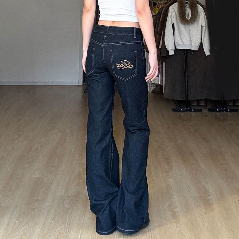 Simple retro-style letter embroidery distressed low-waist slim fit bootcut jeans with temperament and versatile commuting trousers